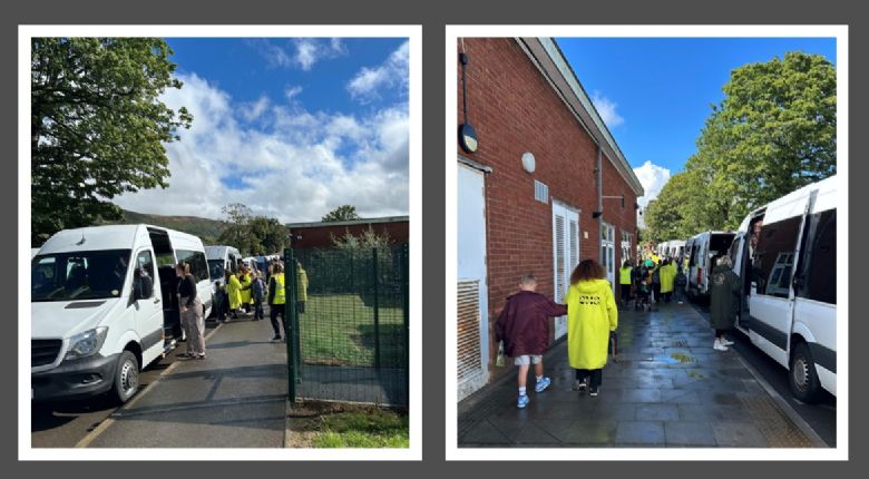 Pupils going home on minibuses after a great 1st day in school.